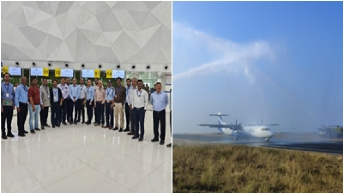 जबलपुर डुमना एयरपोर्ट की नई टर्मिनल बिल्डिंग का शुभारंभ: वाटर कैनन से फ्लाइट का स्वागत, यात्रियों का फूल देकर किया गया Welcome