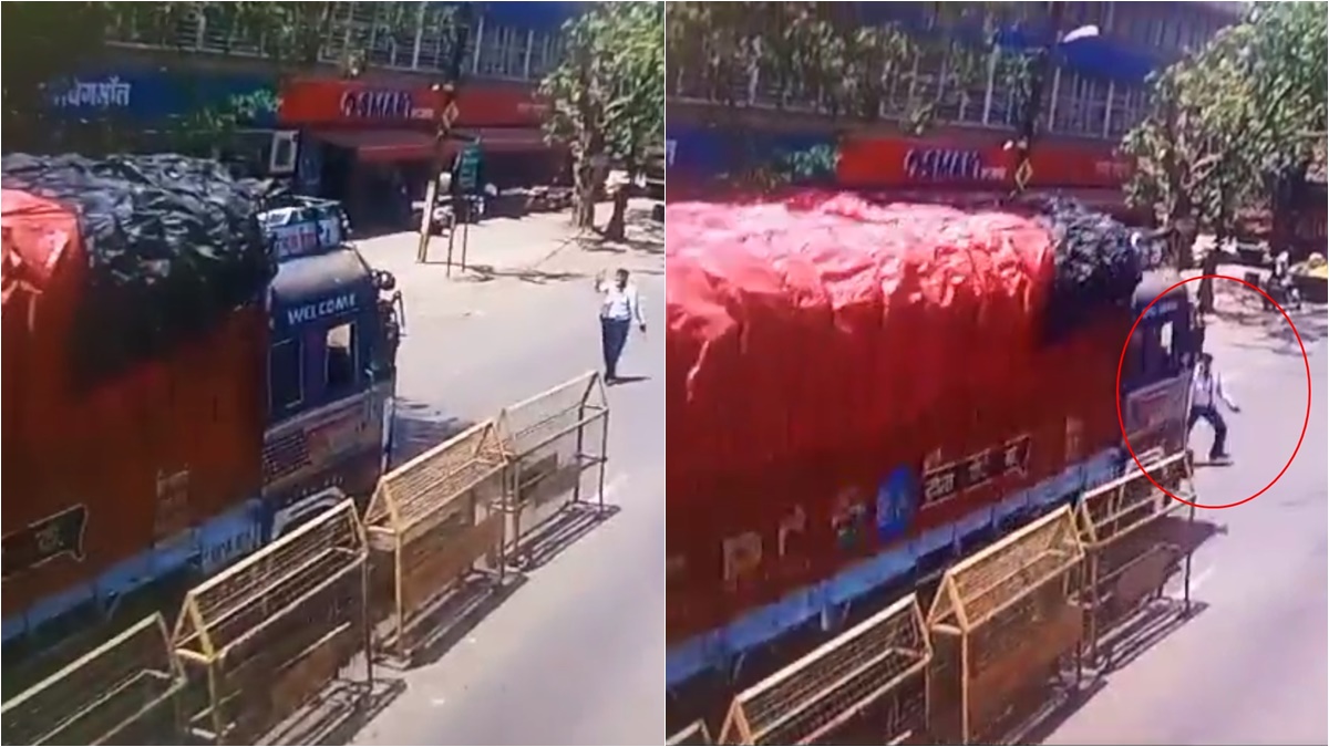 खंडवा में बाल-बाल बचा ट्रैफिक जवान: NO एंट्री में जा रहे ट्रक को रोकने आया तो ड्राइवर ने बढ़ा दी रफ्तार, CCTV फुटेज आया सामने