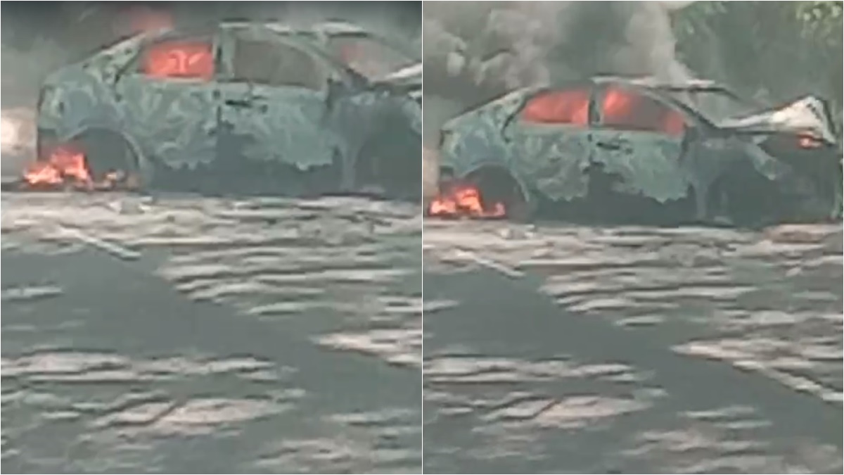THE BURNING CAR: पेड़ से टकराने के बाद कार में लगी आग, ड्राइवर ने कूदकर बचाई जान