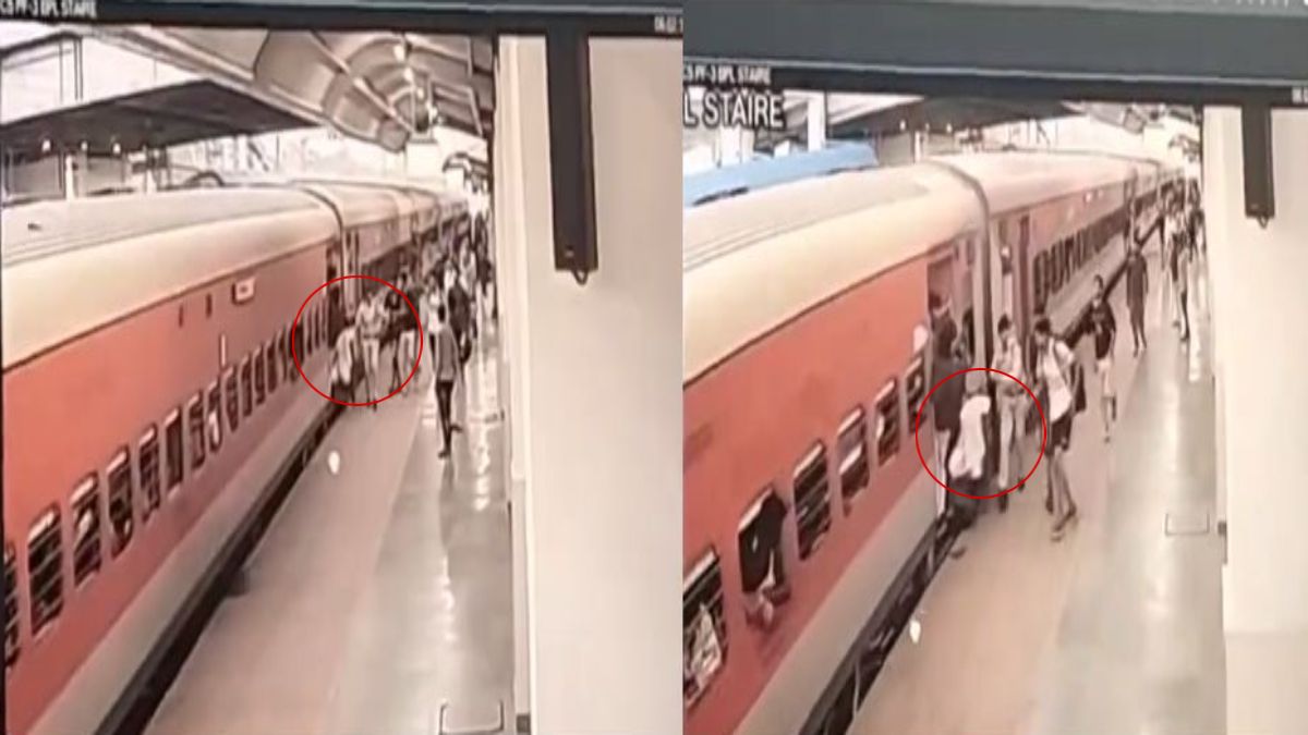 OMG: चलती ट्रेन पर चढ़ने के दौरान गिरते-गिरते बची महिला, GRP के जवान ने बचाई जान, Video आया सामने