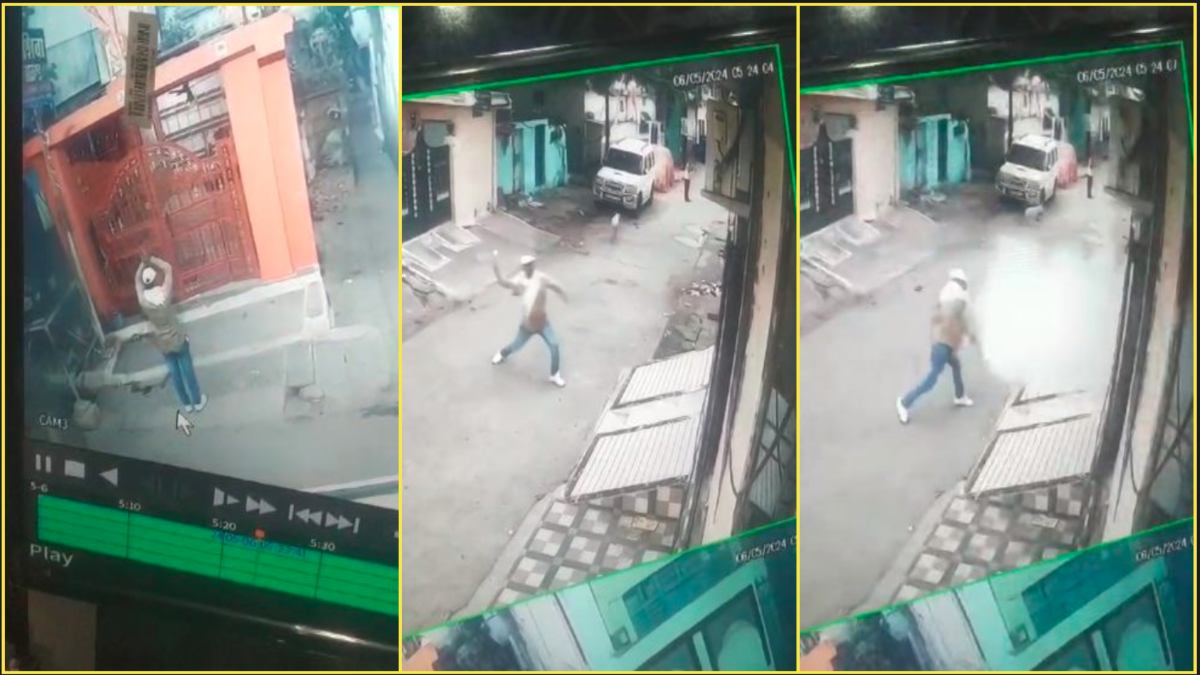 पहले भगवान को किया प्रणाम फिर फेंका बम: घर पर बदमाश ने की बमबाजी और फायरिंग, वारदात CCTV में कैद