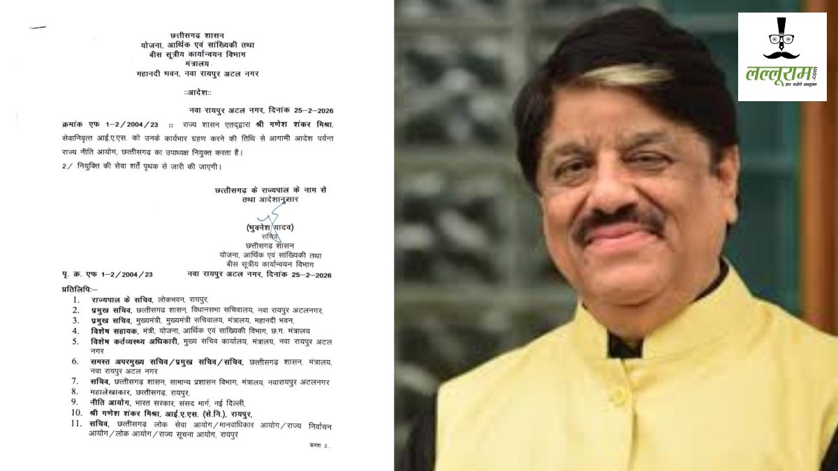 CG Breaking News : रिटायर्ड IAS गणेश शंकर मिश्रा बनाए गए राज्य नीति आयोग के उपाध्यक्ष, आदेश जारी…