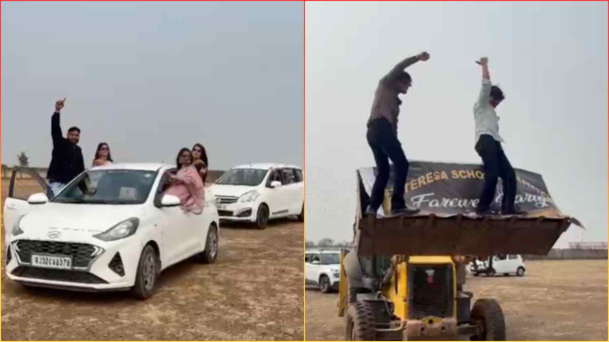 स्कूल फेयरवेल में छात्रों का हुड़दंग, चलती कारों की खिड़कियों से लटके नजर आए, चलती जेसीबी के ऊपर चढ़कर बनाया Video
