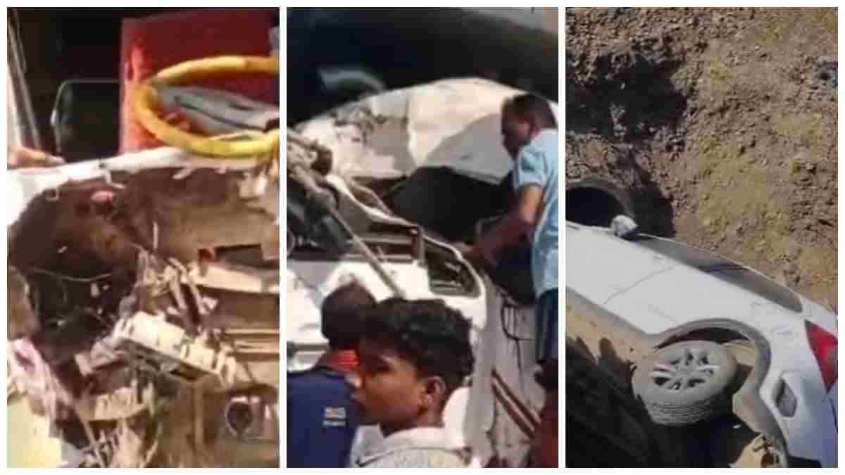मंडला में तेज रफ्तार डंपर ने बस को मारी जोरदार टक्कर: 24 से ज्यादा यात्री घायल, इधर गड्ढे में गिरी कार
