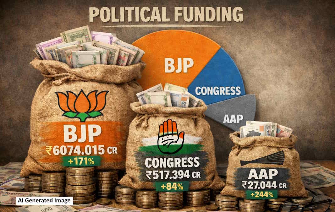 राष्ट्रीय पार्टियों को मिले चंदे में छप्पर फाड़ बढ़ोतरी, BJP का हिस्सा 91% से ज्यादा, वित्तीय वर्ष 2025 का आया आंकड़ा