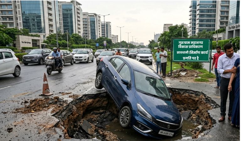 गुरुग्राम के पॉश इलाके में सरकारी लापरवाही का शिकार हुई महिला प्रोफेसर: बीच सड़क पर खुले गड्ढे में समा गई कार, बाल-बाल बची जान