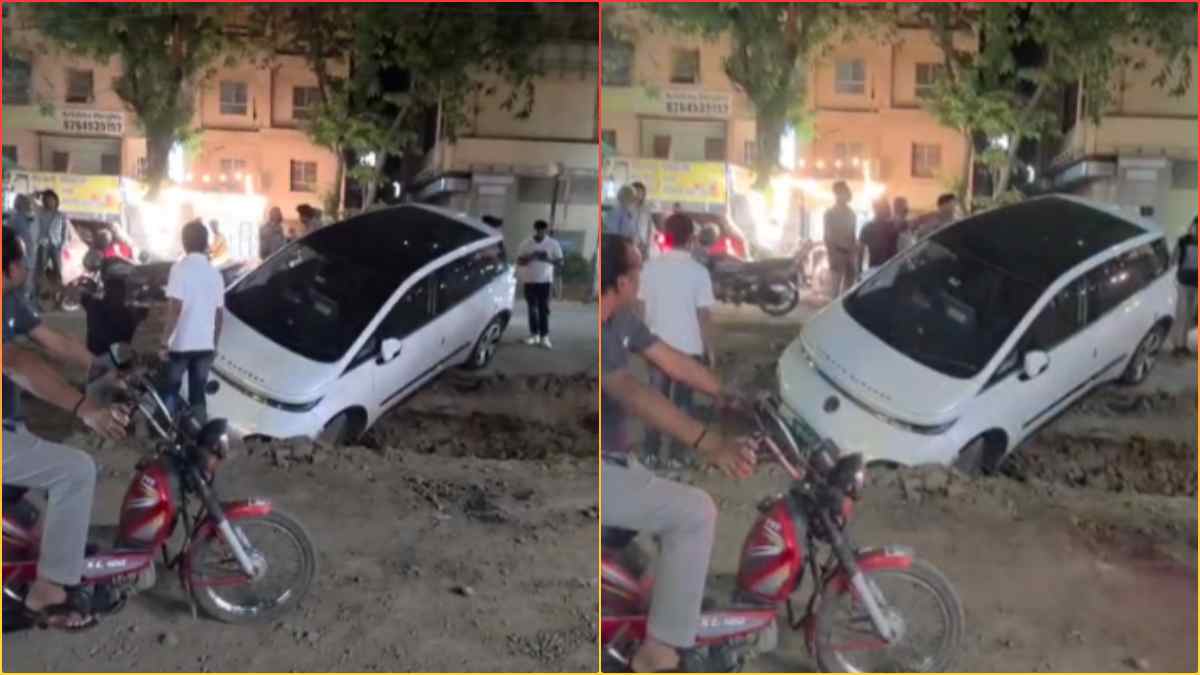 निगम का जानलेवा गड्ढा: जमीन खुदाई के बाद खुला छोड़ने पर पातल में समाई कार, बाल-बाल बची लोगों की जान