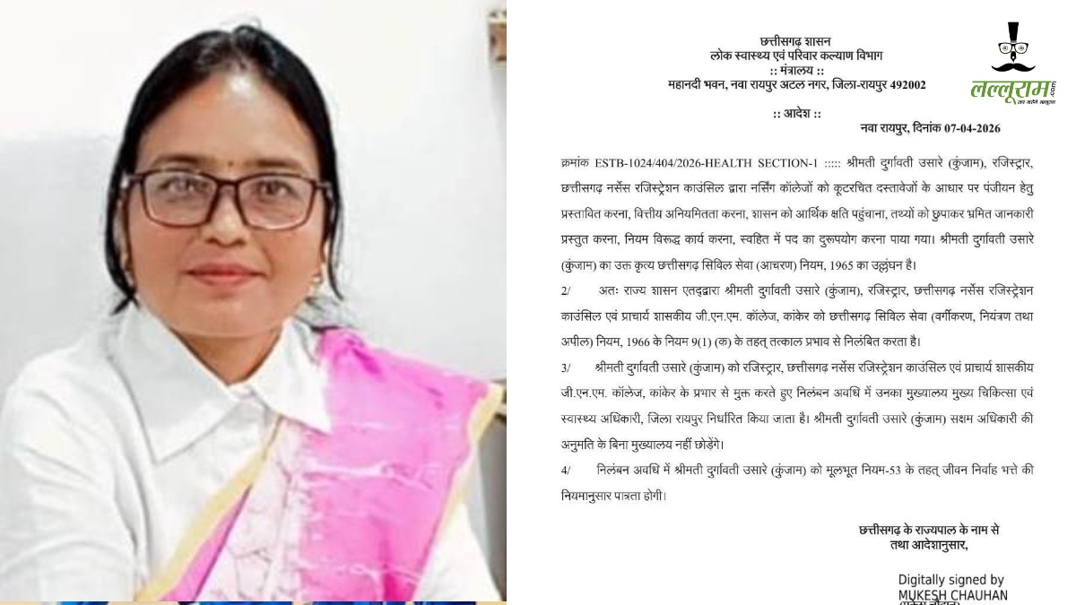 CG Suspend News : फर्जी मान्यता और वित्तीय अनियमितता पर कड़ा एक्शन, नर्सिंग काउंसिल की रजिस्ट्रार दुर्गावती कुंजाम सस्पेंड, आदेश जारी