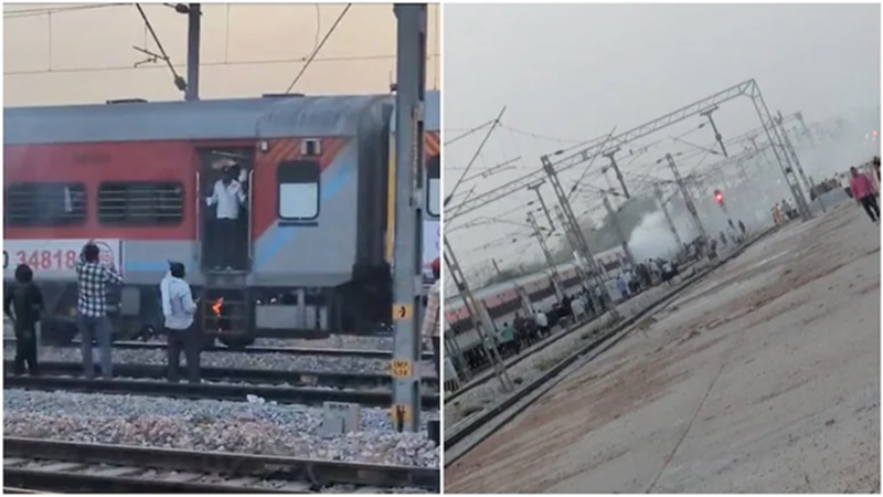 Dholpur Railway Station पर चीख-पुकार: धू-धू कर जलने लगा ट्रेन का कोच, जान बचाने खिड़की से कूदे यात्री