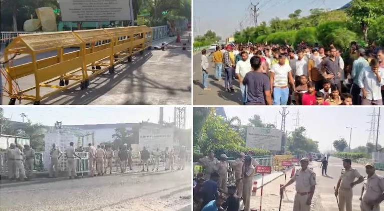 BKT कंपनी के बाहर डटे हजारों मजदूर, पुलिस ने की बैरिकेडिंग, थम गया चोपनकी का पहिया