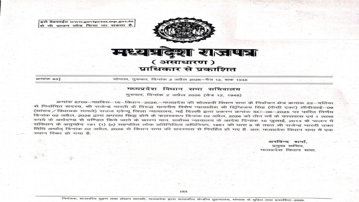 बड़ी खबरः कांग्रेस विधायक राजेंद्र भारती की सदस्यता 2 अप्रैल से खत्म, विधानसभा सचिवालय से गजट नोटिफिकेशन जारी, होंगे उपचुनाव