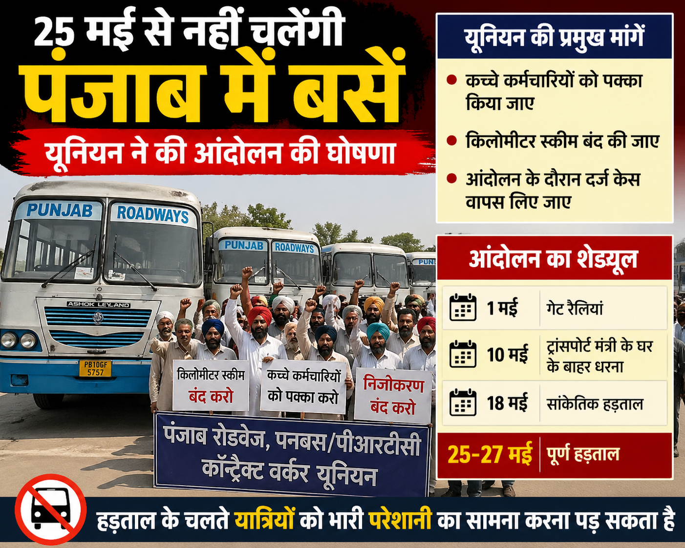 पंजाब में 25-27 मई बस हड़ताल का ऐलान: Punjab Roadways कर्मचारियों का बड़ा आंदोलन