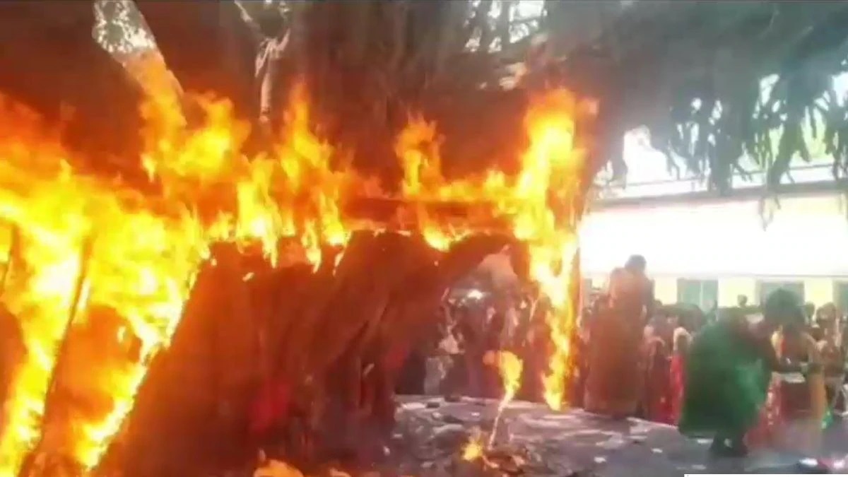 वट सावित्री पूजा के दौरान बड़ा हादसा: अचानक जलने लगा प्राचीन बरगद का पेड़, मची अफरा-तफरी
