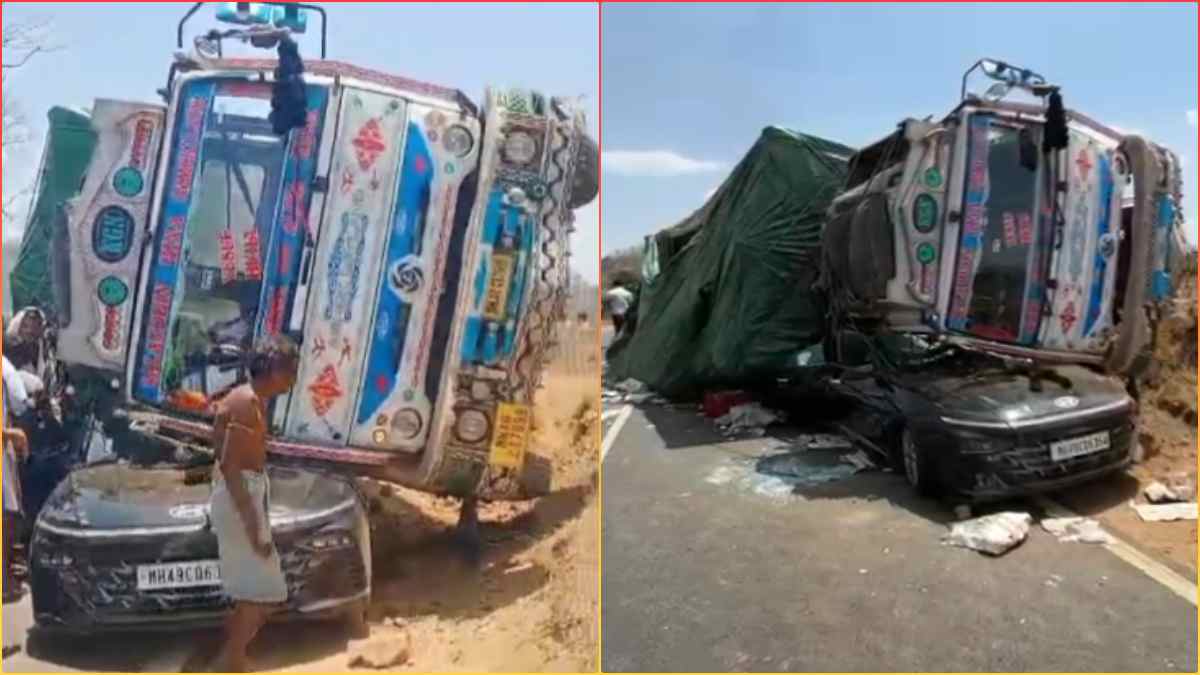 कार के ऊपर पलटा आम से भरा ट्रक: मची अफरा-तफरी, 2 लोग घायल