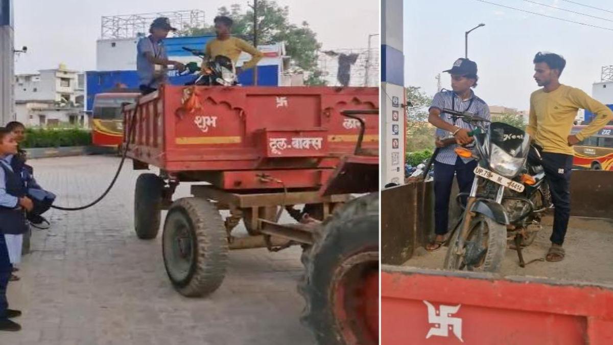 डिब्बे में पेट्रोल बैन के बीच देसी जुगाड़! रास्ते में खत्म हुआ पेट्रोल तो ट्रैक्टर ट्रॉली में बाइक लादकर पहुंचा युवक, Video Viral
