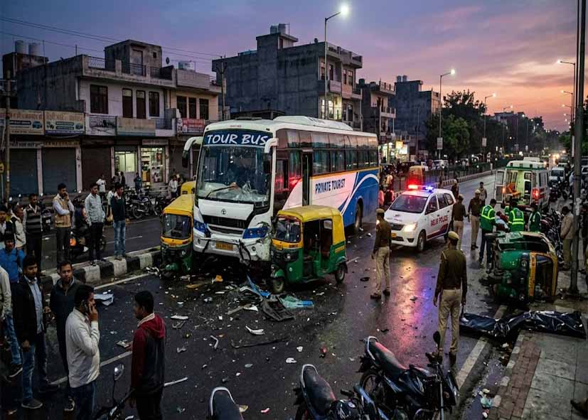 दिल्ली नंद नगरी में अनियंत्रित टूरिस्ट बस ने कई वाहनों को मारी टक्कर, एक की मौत, 3 घायल