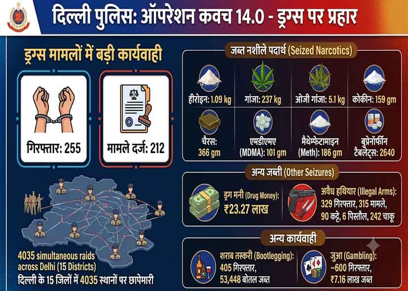 दिल्ली पुलिस का ‘ऑपरेशन कवच 14.0’: ड्रग्स मामलों में 255 गिरफ्तार, 212 केस दर्ज; बड़े पैमाने पर छापेमारी