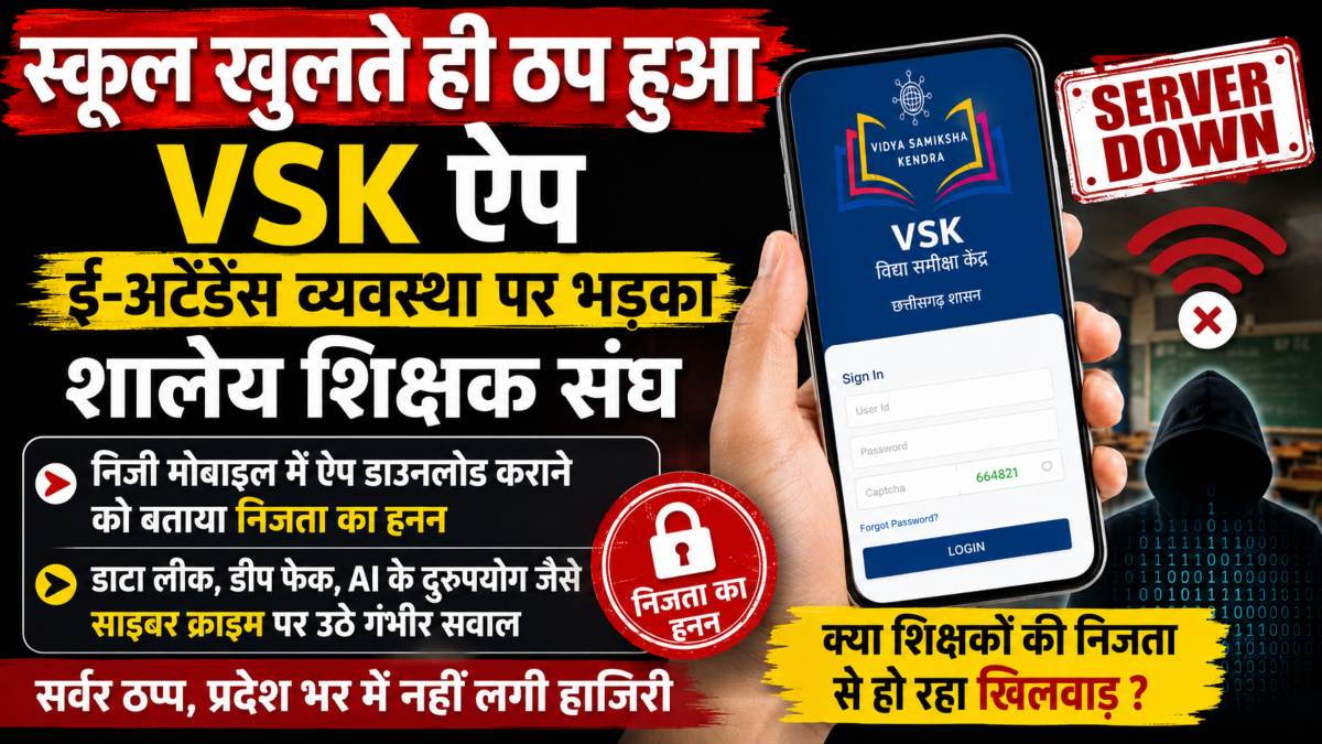 स्कूल खुलते ही ठप हुआ VSK ऐप: ई-अटेंडेंस व्यवस्था पर भड़का शालेय शिक्षक संघ, निजी मोबाइल में ऐप डाउनलोड कराने को बताया निजता का हनन
