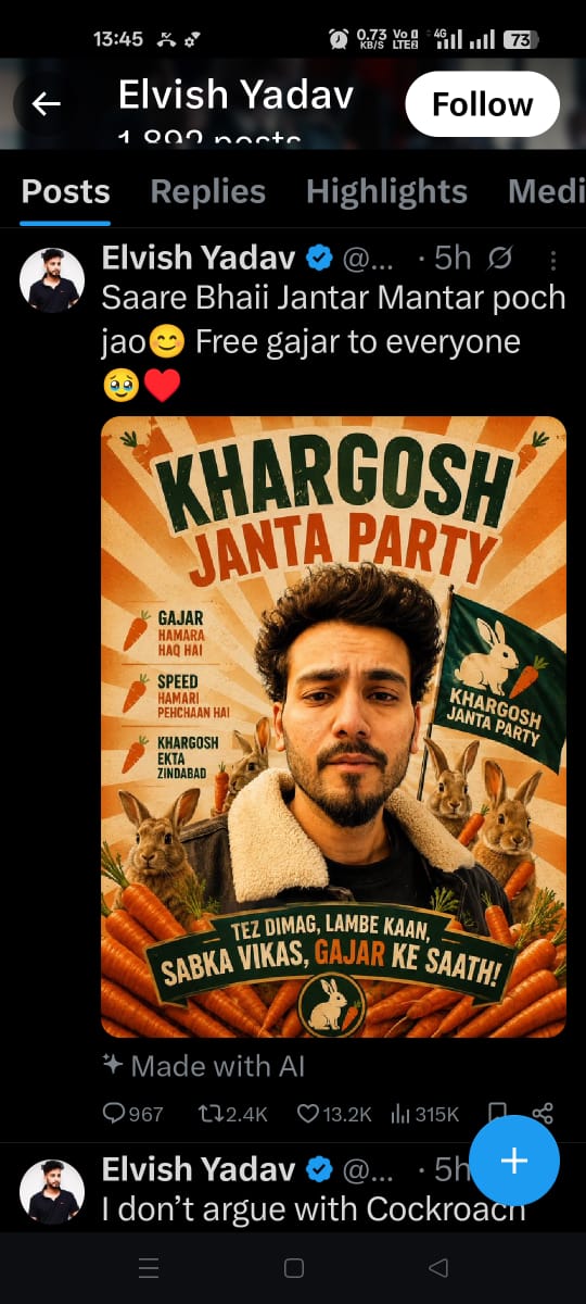 ‘कॉकरोच जनता पार्टी’ पर एल्विश यादव का नया तंज! लॉन्च कर दी ‘खरगोश जनता पार्टी’, इंटरनेट पर मचा बवाल