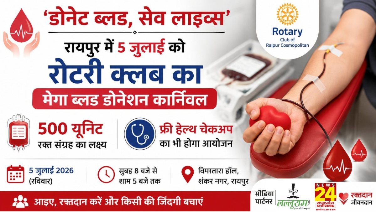 ‘डोनेट ब्लड, सेव लाइव्स’: रायपुर में 5 जुलाई को रोटरी क्लब का मेगा ब्लड डोनेशन कार्निवल, 500 यूनिट रक्त संग्रह का लक्ष्य, फ्री हेल्थ चेकअप का भी होगा आयोजन