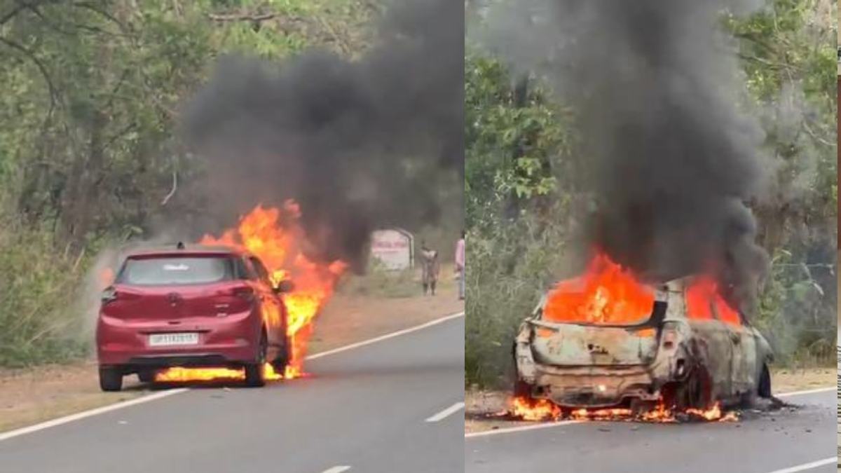 चलती कार में लगी आग, समय रहते गाड़ी से बाहर निकलने पर बची लोगों की जान, देखें VIDEO…
