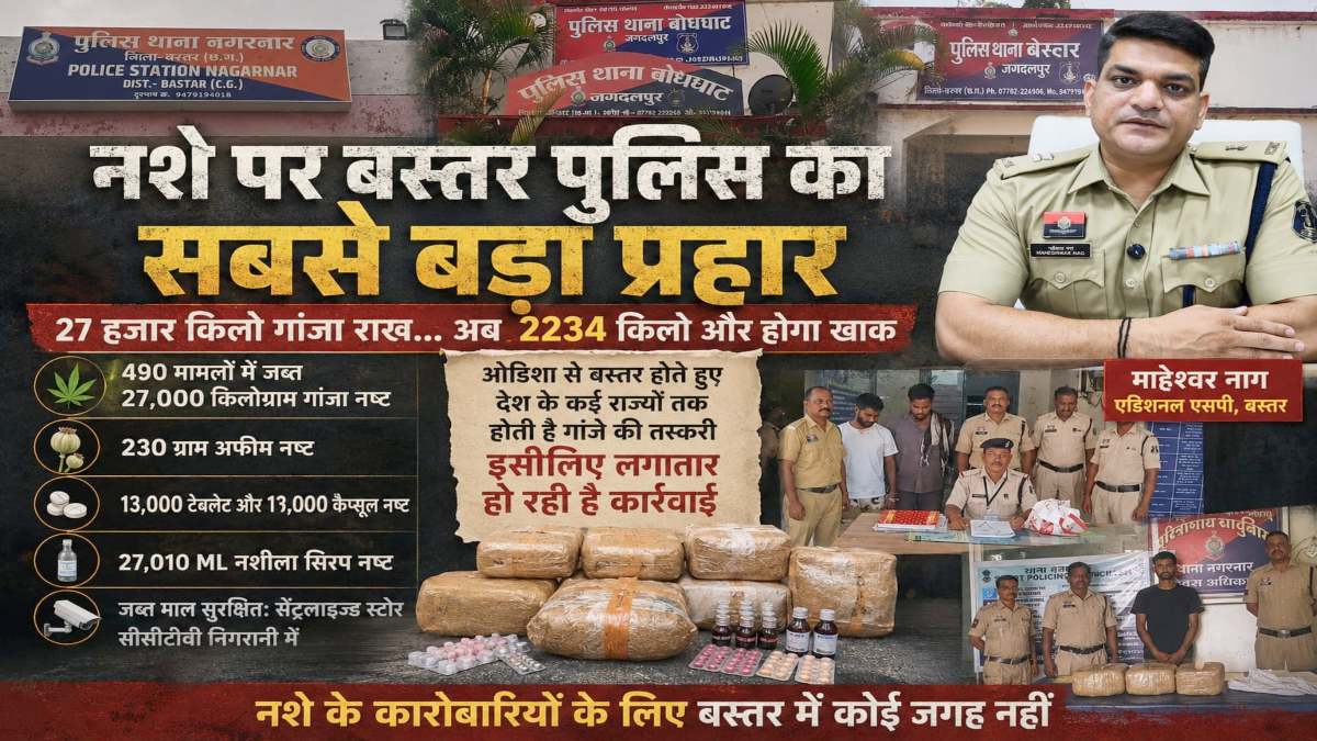 बस्तर पुलिस का नशे पर बड़ा प्रहार : 27 हजार किलो गांजा किया नष्ट, लगातार कार्रवाई से तस्करों में हड़कंप