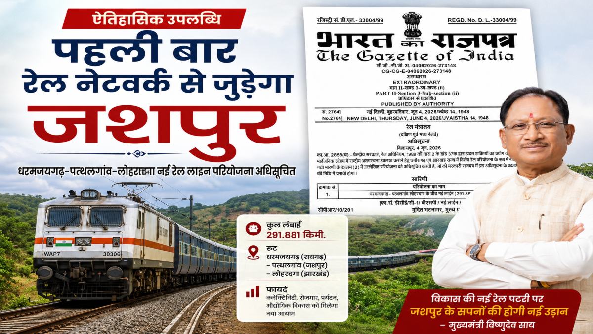 पहली बार रेल नेटवर्क से जुड़ेगा जशपुर : धरमजयगढ़–पत्थलगांव–लोहरदगा नई रेल लाइन परियोजना को केंद्र की मंजूरी, अधिसूचना राजपत्र में प्रकाशित