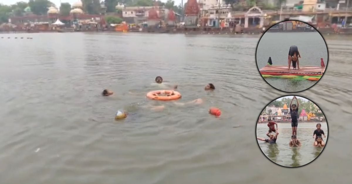 शिप्रा की लहरों पर योग: रामघाट पर नन्हे तैराकों का अनोखा जल योग, बच्चों ने किया हैरतअंगेज प्रदर्शन
