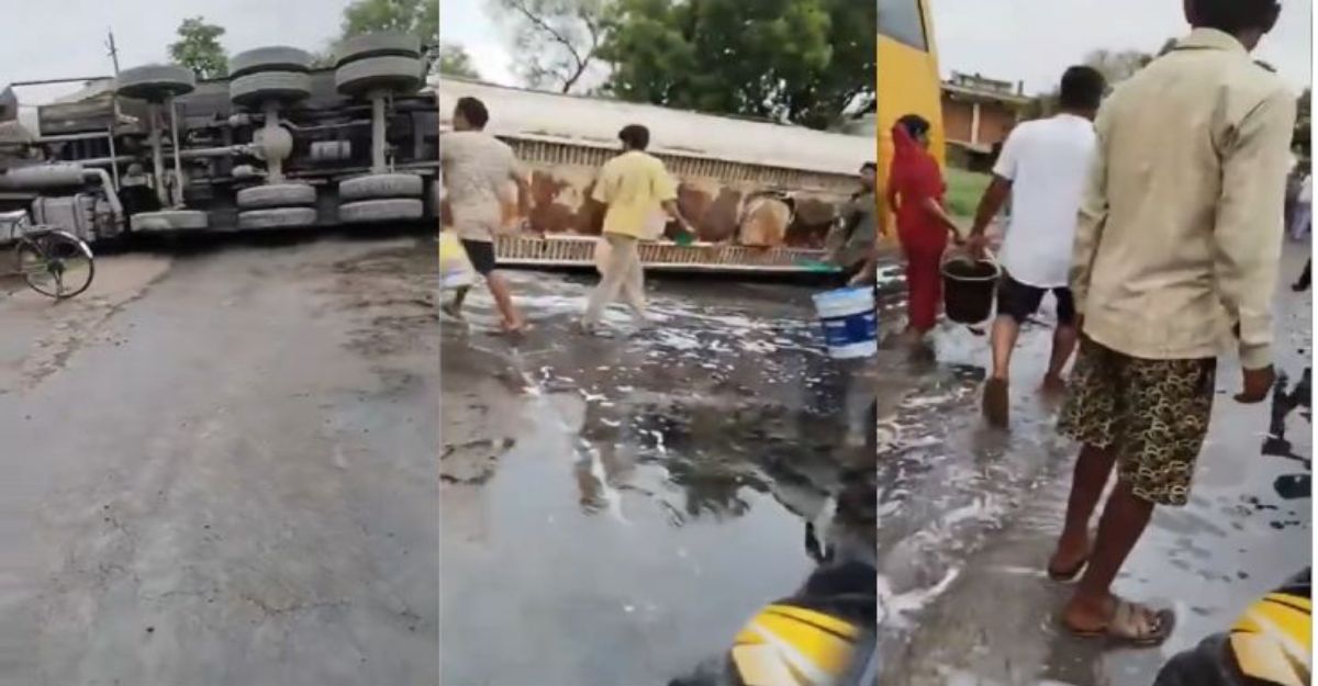 डीजल से भरा टैंकर पलटाः ग्रामीणों में लूटने मची होड़, पुलिस ने संभाला मोर्चा, सड़क पर लगा जाम