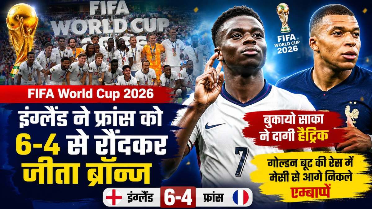 FIFA World Cup 2026: इंग्लैंड ने फ्रांस को 6-4 से रौंदकर जीता ब्रॉन्ज, बुकायो साका ने दागी हैट्रिक, गोल्डन बूट की रेस में मेसी से आगे निकले एम्बाप्पे