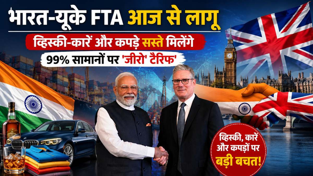 India-UK FTA: भारत-यूके के बीच फ्री ट्रेड एग्रीमेंट आज से लागू; व्हिस्की-कारें, कपड़े और फुटवियर सस्ते मिलेंगे, 99% सामानों पर ‘जीरो’ टैरिफ’