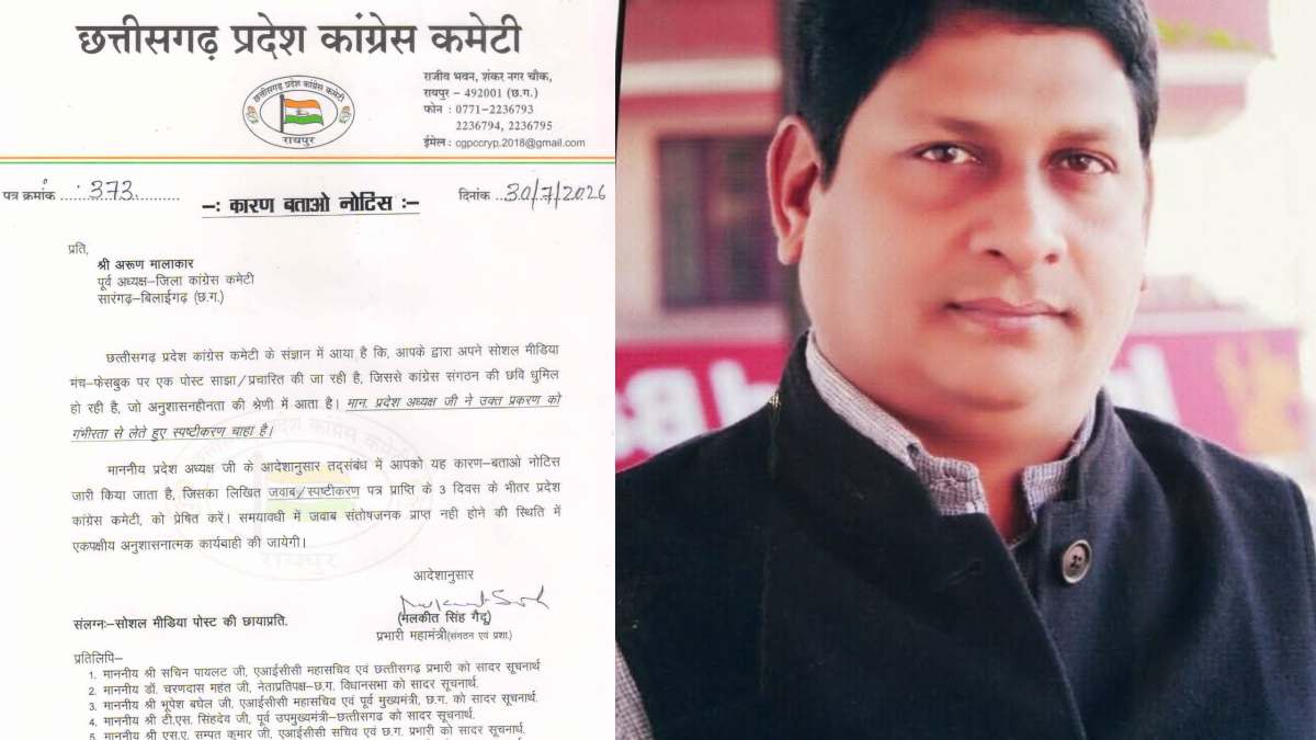 PCC चीफ के लिए उमेश पटेल के समर्थन में पोस्ट करना पड़ा भारी, कांग्रेस नेता अरुण मालाकार को नोटिस जारी