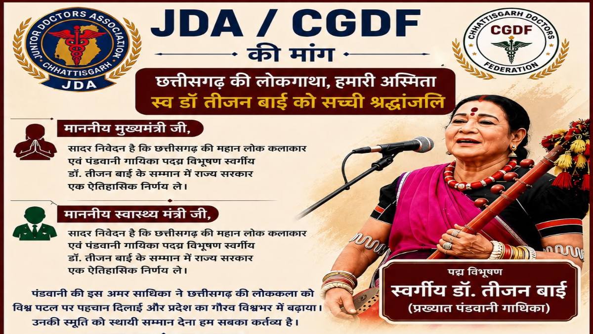 मेडिकल कॉलेज का नाम पद्म विभूषण तीजन बाई के नाम पर रखने की मांग, CGDF-JDA ने सीएम और स्वास्थ्य मंत्री को सौंपा ज्ञापन
