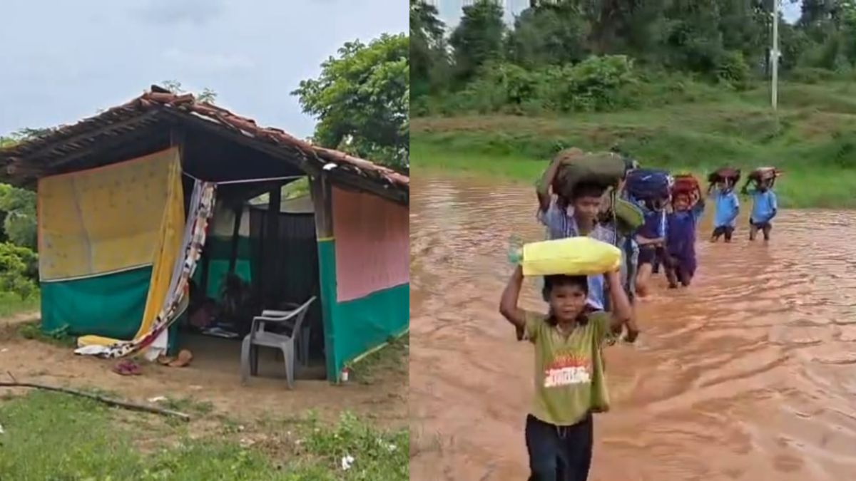 विकास के दावे की खुली पोल: कहीं झोपड़ी में संचालित हो रही आंगनबाड़ी, तो कहीं पुल नहीं बनने से कमरभर पानी पार कर स्कूल पहुंच रहे बच्चे, जिम्मेदारों ने कही यह बात