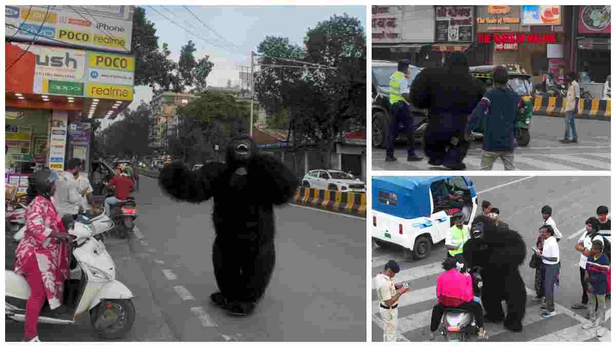 इंदौर की सड़कों पर उतरा गोरिल्ला: ट्रैफिक नियम तोड़ने वालों को पढ़ाया यातायात का पाठ, बना रहा आकर्षण का केंद्र  