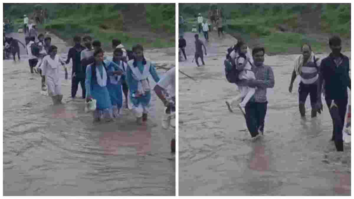 पानी के पुल पर जिंदगी का इम्तिहान! बच्चों को गोद में उठाकर पार कराया उफनता पुल, वायरल VIDEO ने खोली व्यवस्था की पोल