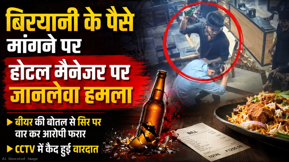 बिरयानी के पैसे मांगने पर होटल मैनेजर पर जानलेवा हमला, बीयर की बोतल से सिर पर वार कर आरोपी फरार, CCTV में कैद हुई वारदात