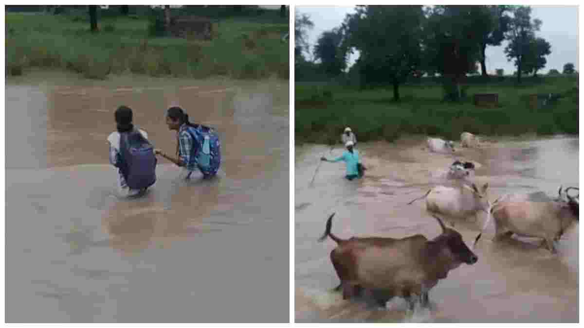 उफनती नदी के बीच स्कूल की राह, एक-दूसरे का हाथ थाम नदी पार कर रहीं छात्राएं