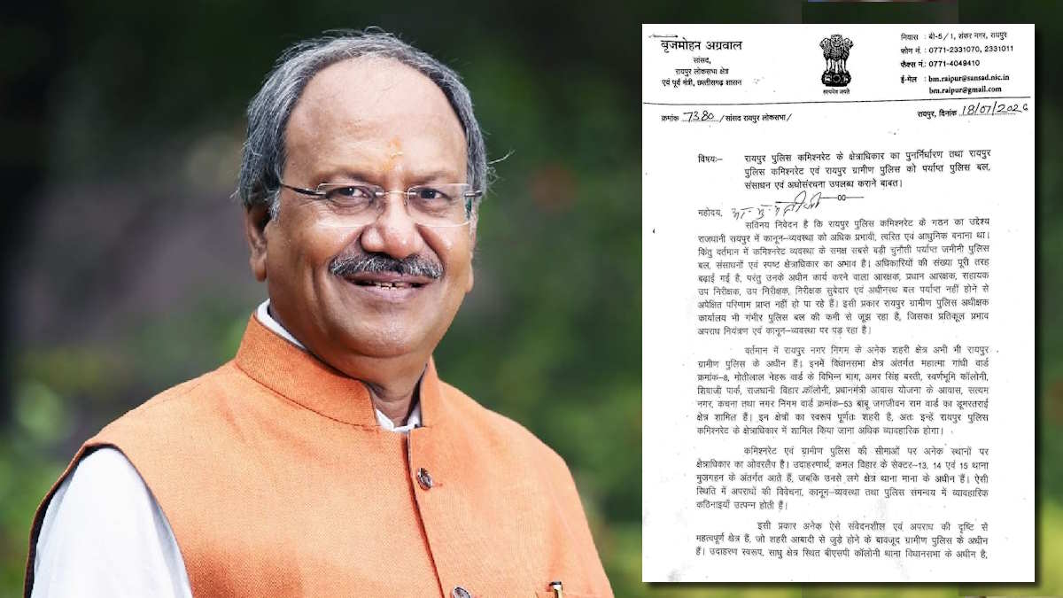 राजधानी रायपुर की कानून-व्यवस्था को लेकर चिंतित सांसद बृजमोहन अग्रवाल, मुख्यमंत्री साय के साथ गृहमंत्री को लिखा पत्र, पुलिस कमिश्नरेट के पुनर्गठन की मांग की