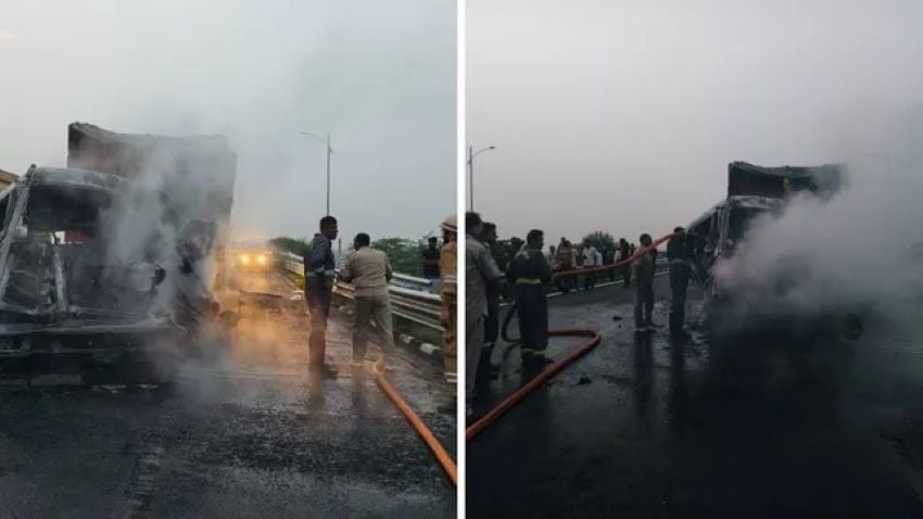 बुंदेलखंड एक्सप्रेसवे पर डंपर में लगी भीषण आग, ड्राइवर ने इस तरकीब से बचाई जान
