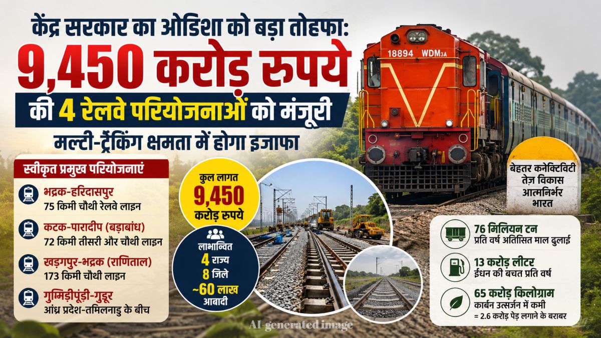केंद्र सरकार का ओडिशा को बड़ा तोहफा: 9,450 करोड़ रुपये की 4 रेलवे परियोजनाओं को मंजूरी, मल्टी-ट्रैकिंग क्षमता में होगा इजाफा
