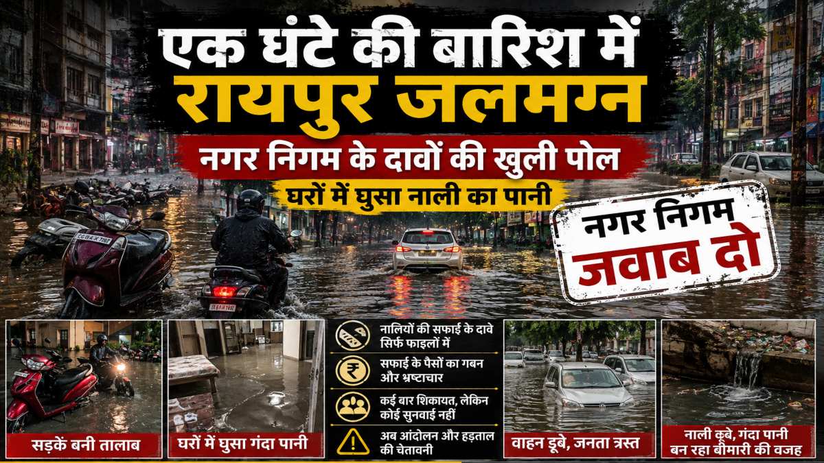 एक घंटे की बारिश में रायपुर जलमग्न : नगर निगम के दावों की खुली पोल, घरों में घुसा नाली का पानी, नेता प्रतिपक्ष बोले – नालियों की सफाई के नाम पर हो रहा भ्रष्टाचार