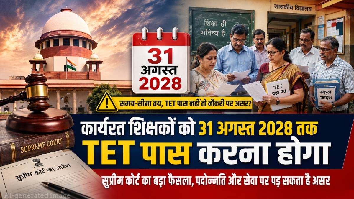 सुप्रीम कोर्ट का अहम फैसला: कार्यरत शिक्षकों को 31 अगस्त 2028 तक पास करना होगा TET, नौकरी और पदोन्नति पर पड़ सकता है असर