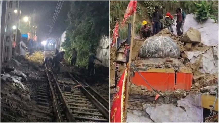 हरिद्वार में रेलवे टनल के पास काली मंदिर पर गिरे भारी बोल्डर, गुंबद क्षतिग्रस्त, रेलवे ट्रैक पर आया मलबा