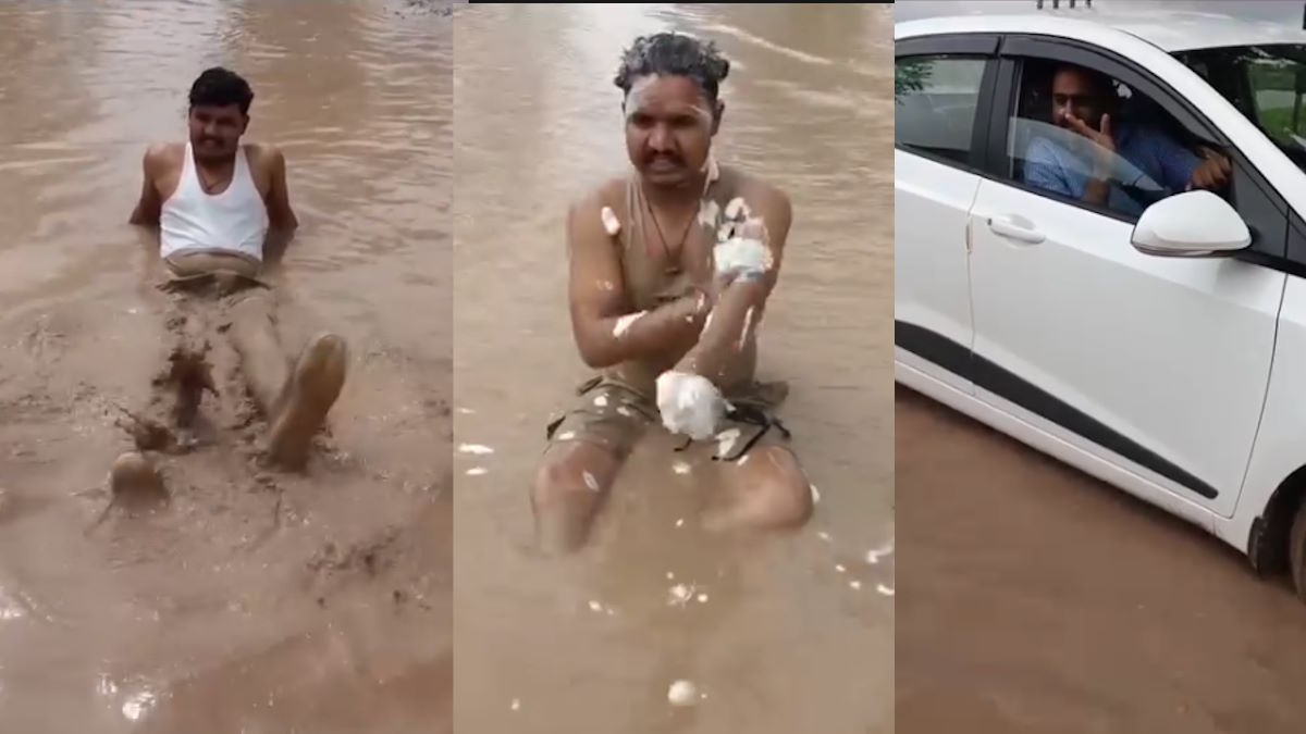 Viral Video: जिम्मेदारों को जगाने गड्ढे में बैठकर नहाया युवक, खोली बदहाल सड़क की पोल…