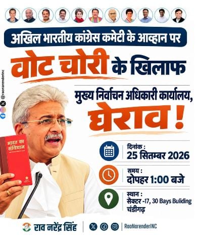 ‘वोट चोरी’ के आरोप पर कांग्रेस का बड़ा प्रदर्शन, आज चंडीगढ़ में CEO कार्यालय का घेराव