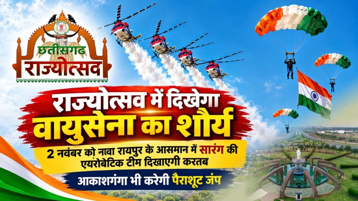 राज्योत्सव में दिखेगा वायुसेना का शौर्य: 2 नवंबर को नवा रायपुर के आसमान में सारंग की एयरोबेटिक टीम दिखाएगी करतब, आकाशगंगा भी करेगी पैराशूट जंप