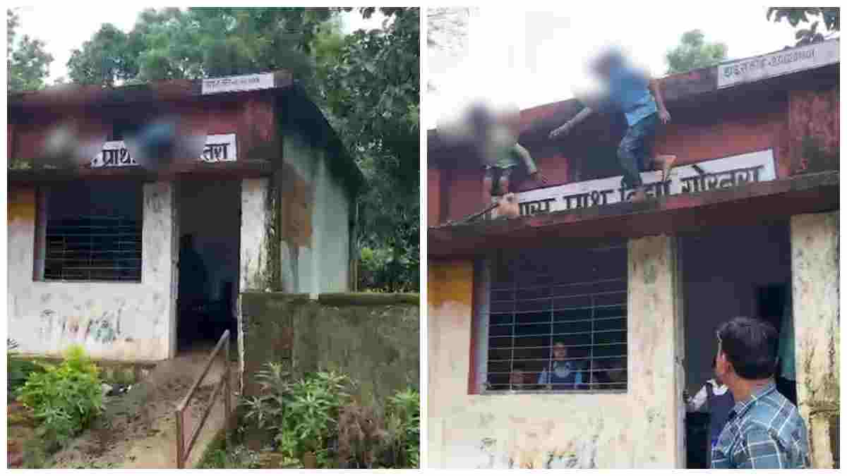 मासूमों की जान जोखिम में डालकर छज्जे की सफाई: बारिश के बीच सरकारी स्कूल में बच्चों से कराया काम, वीडियो वायरल