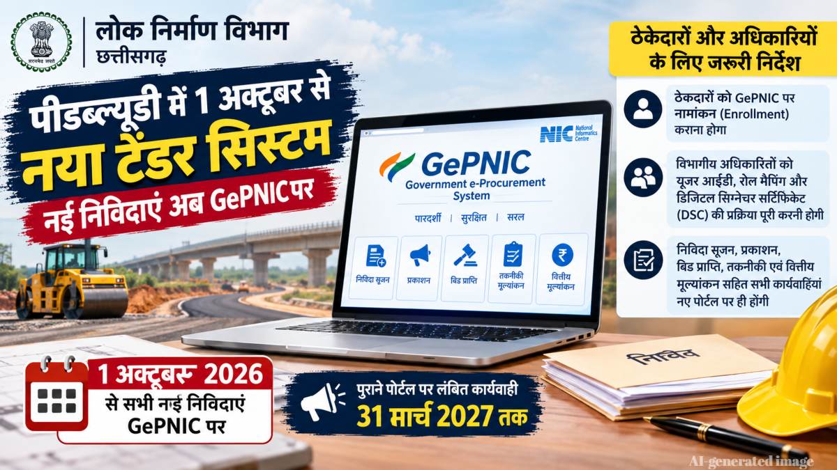 PWD में 1 अक्टूबर से बदलेगा टेंडर सिस्टम, नई निविदाएं GePNIC पोर्टल पर होंगी जारी, ठेकेदारों के लिए Enrollment जरूरी