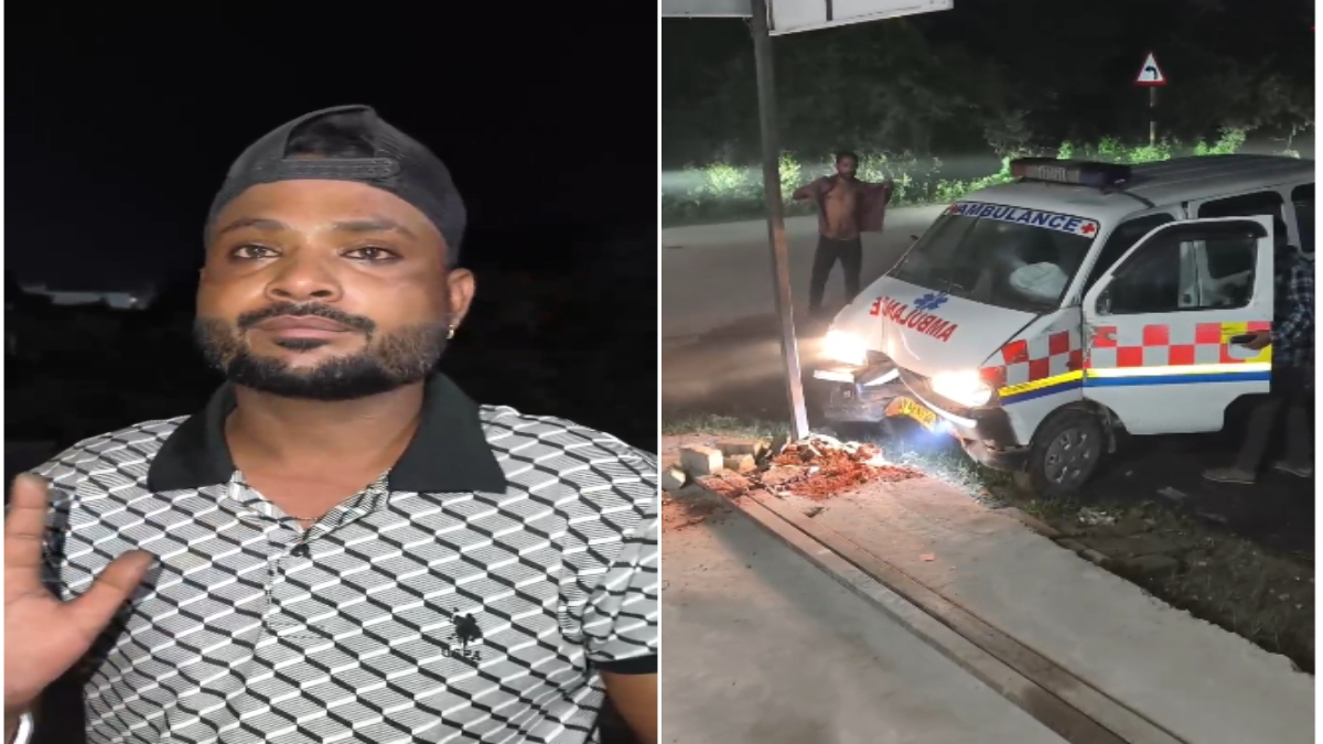 नशा और रफ्तार का कहर: अनियंत्रित एम्बुलेंस मेडिकल स्टोर के खंभे से भिड़ी, बाल-बाल बचे लोग, नशे में धुत मिला चालक